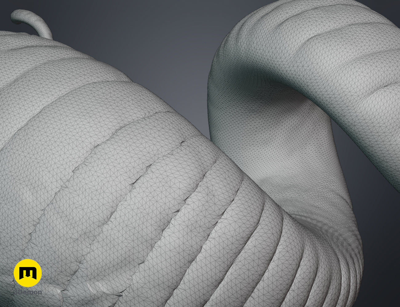 Wireframe mesh render of Helical horns STL, grey mesh topology with two curved prongs, 3D print.