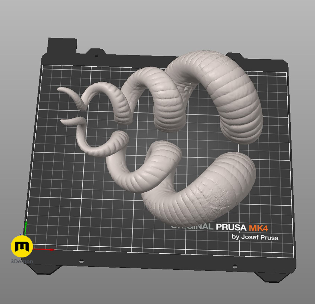 Slicer screenshot of Helical horns STL, grey textured spiral horns on Original Prusa MK4 bed.