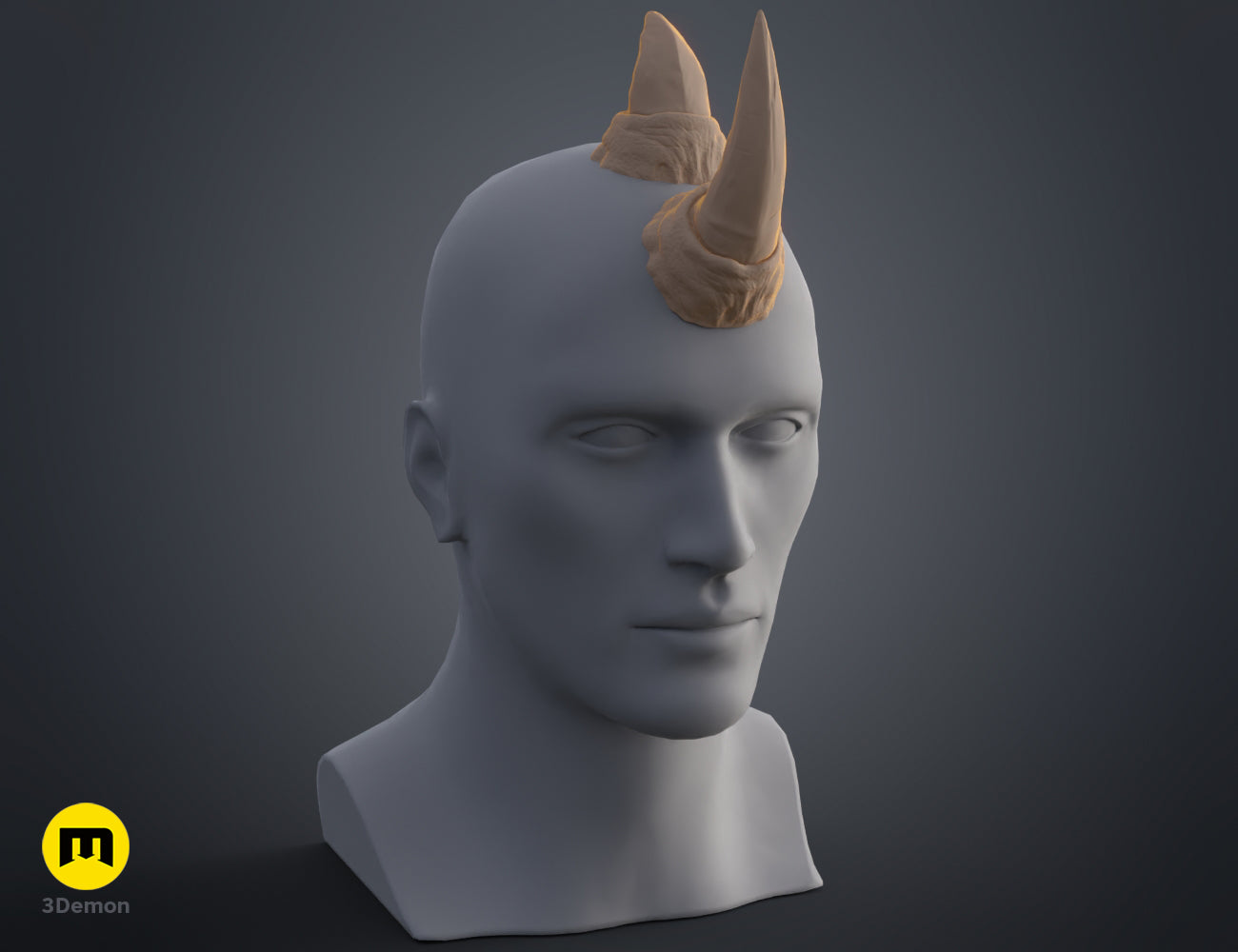 Printable 3D model of Rhino horns STL, dual curved brown horns on grey head base.
