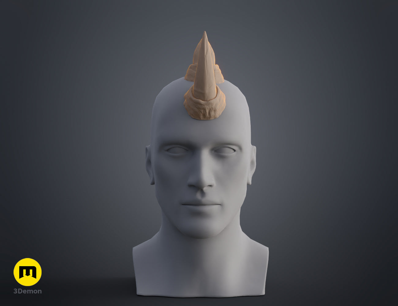 Digital 3D render of Rhino horns STL, dual-pronged tan horns on grey head, 3D print cosplay prop.