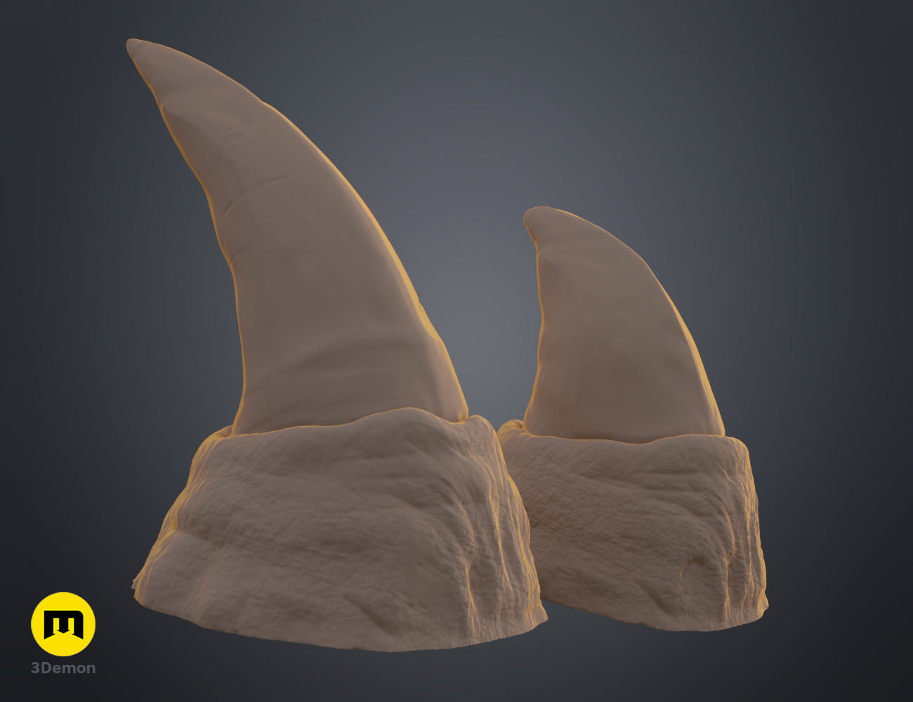 Textured 3D render of Rhino horns STL, dual curved beige 3D printed horns.