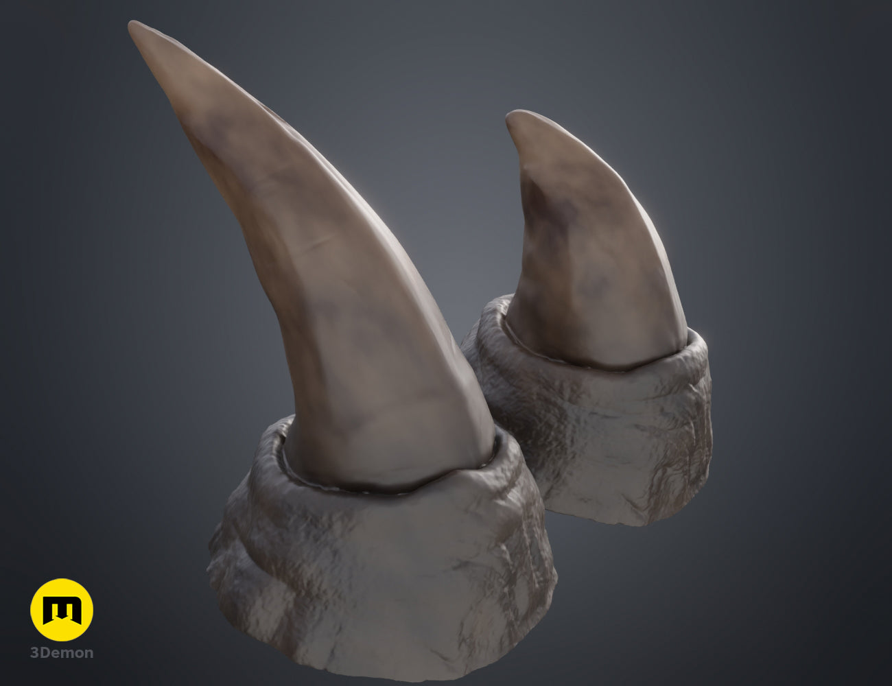 Printable 3D model of Rhino horns, dual curved grey textured 3D printed horns.
