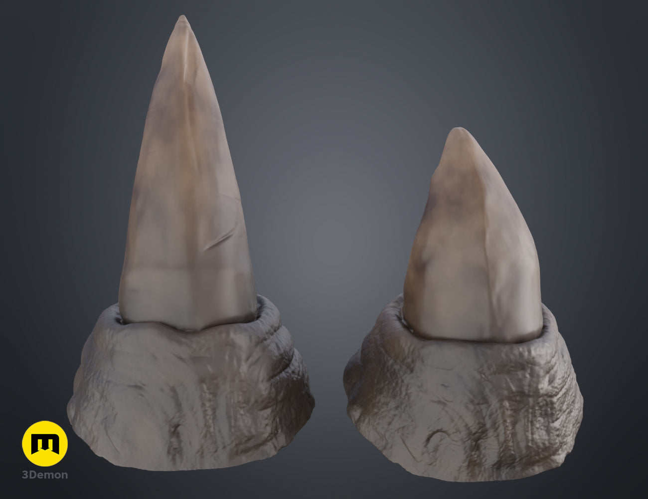 Printable 3D model of Rhino horns STL, dual grey textured prongs on rocky bases.