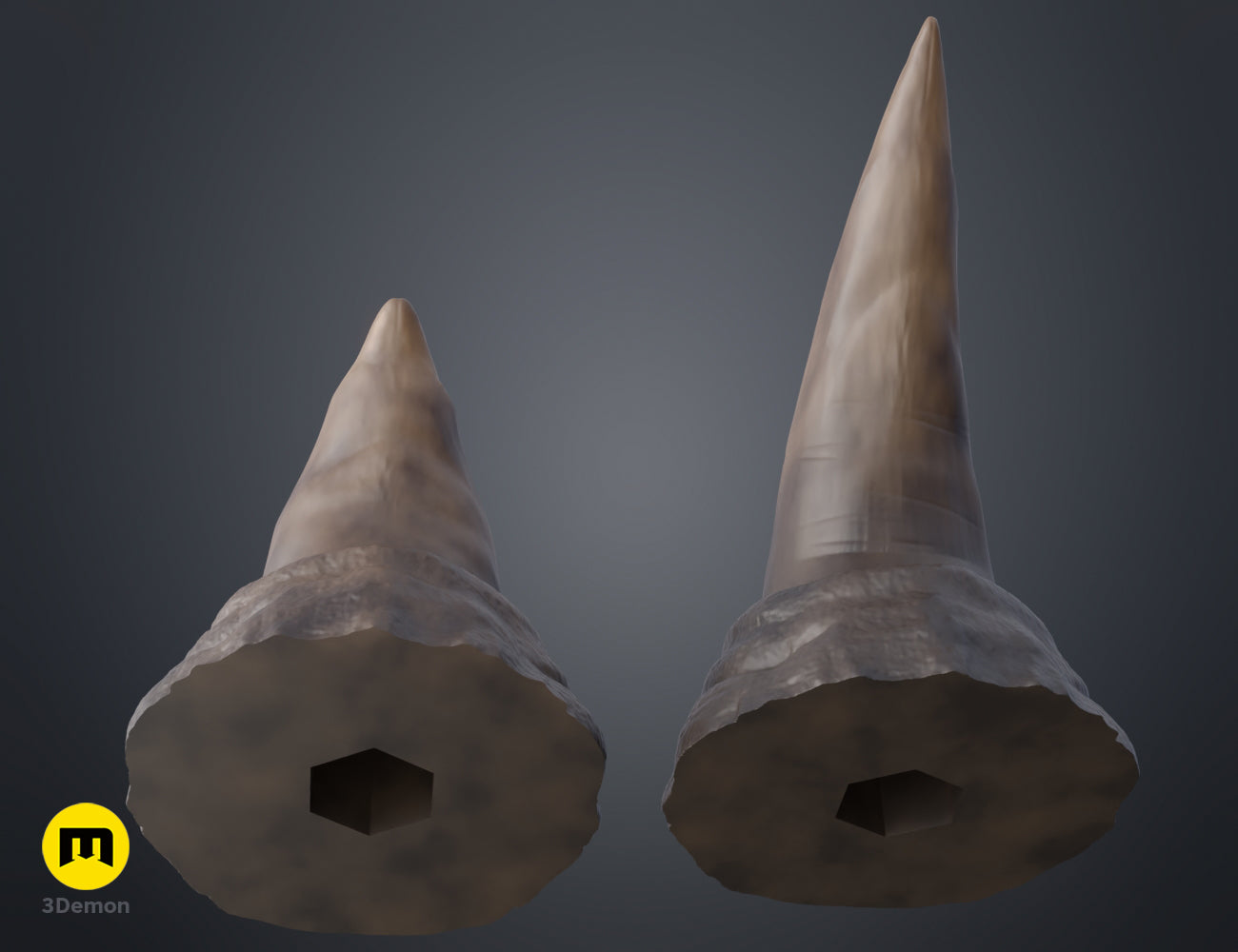 Textured 3D render of Rhino horns STL, dual metallic prongs, printable 3D model.