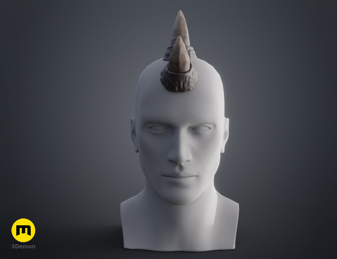 Printable 3D model of Rhino horns, dual-pronged grey 3D printed cosplay prop.