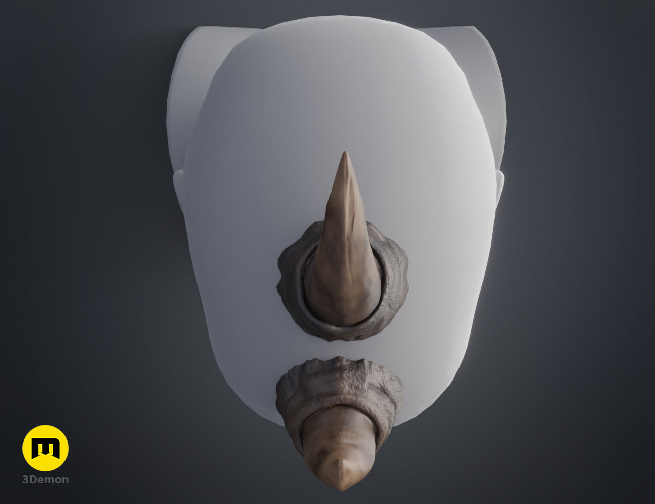 Printable 3D model of Rhino horns STL, dual grey-brown curved horns on white base.