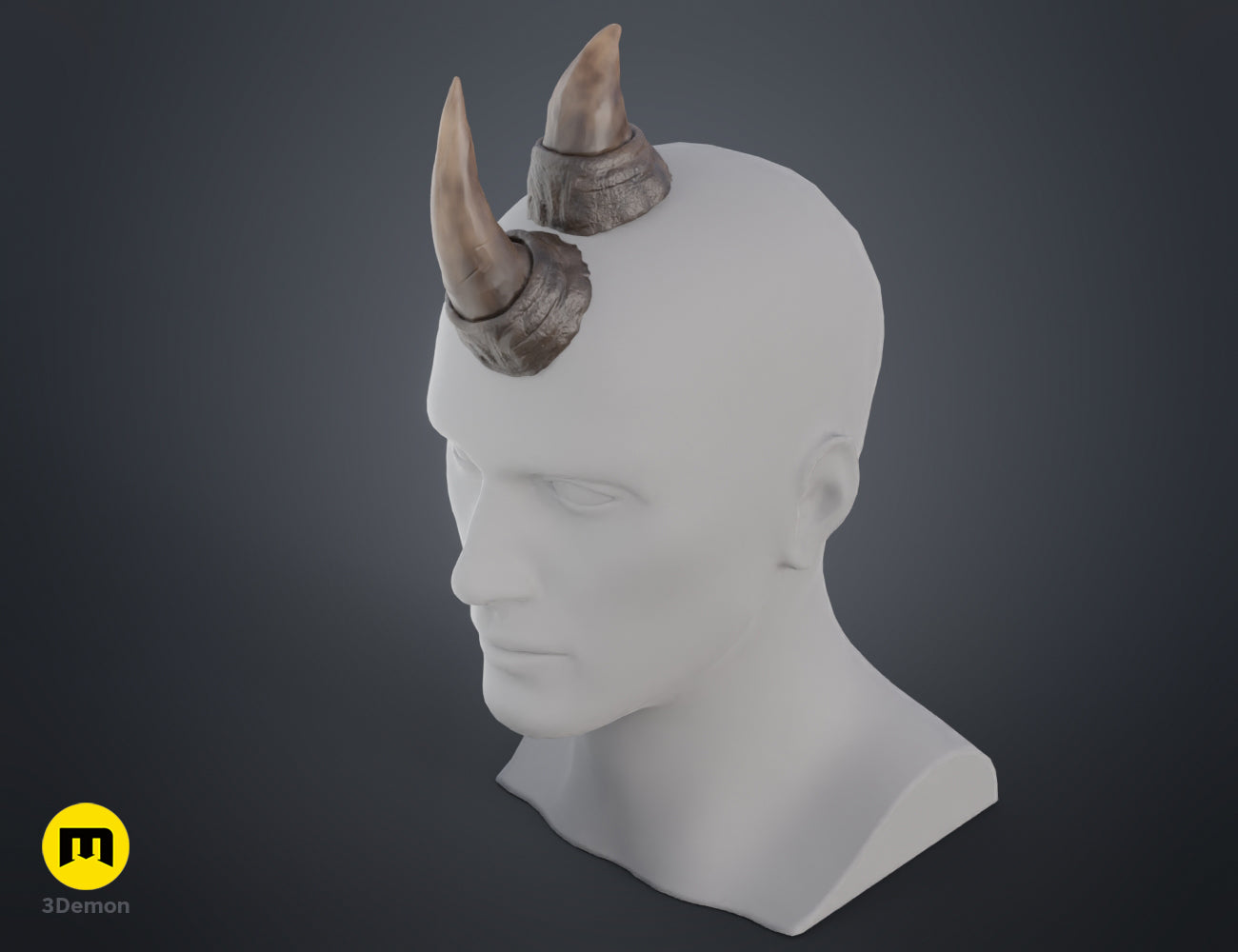 Printable 3D model of Rhino horns cosplay prop, dual curved brown horns on white bust.