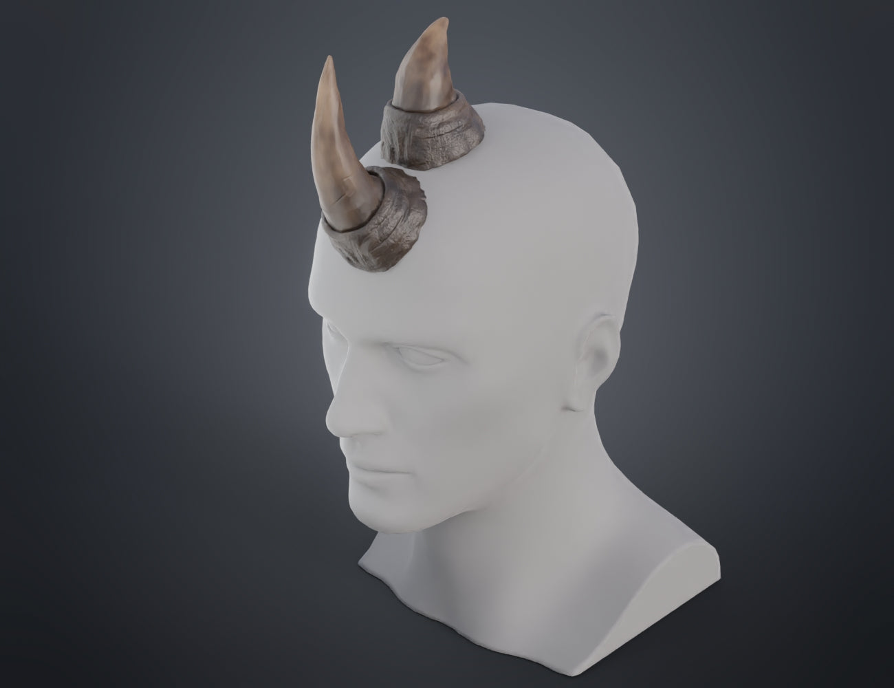 Printable 3D model of Rhino horns, dual curved brown horns on white bust STL