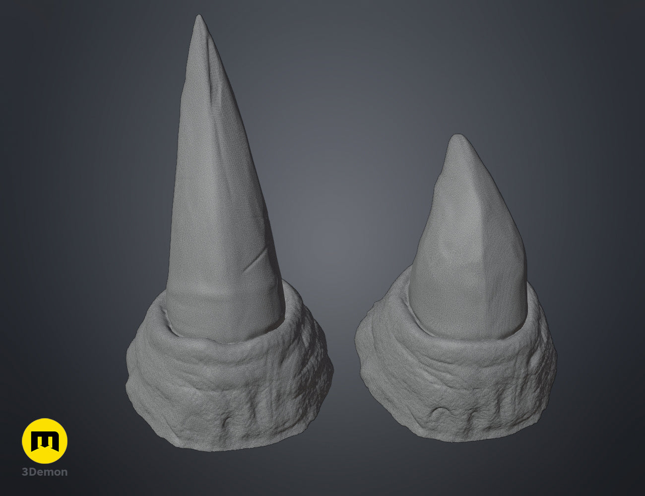 3D model render of Rhino horns STL, dual grey textured 3D printed horns with rough base.