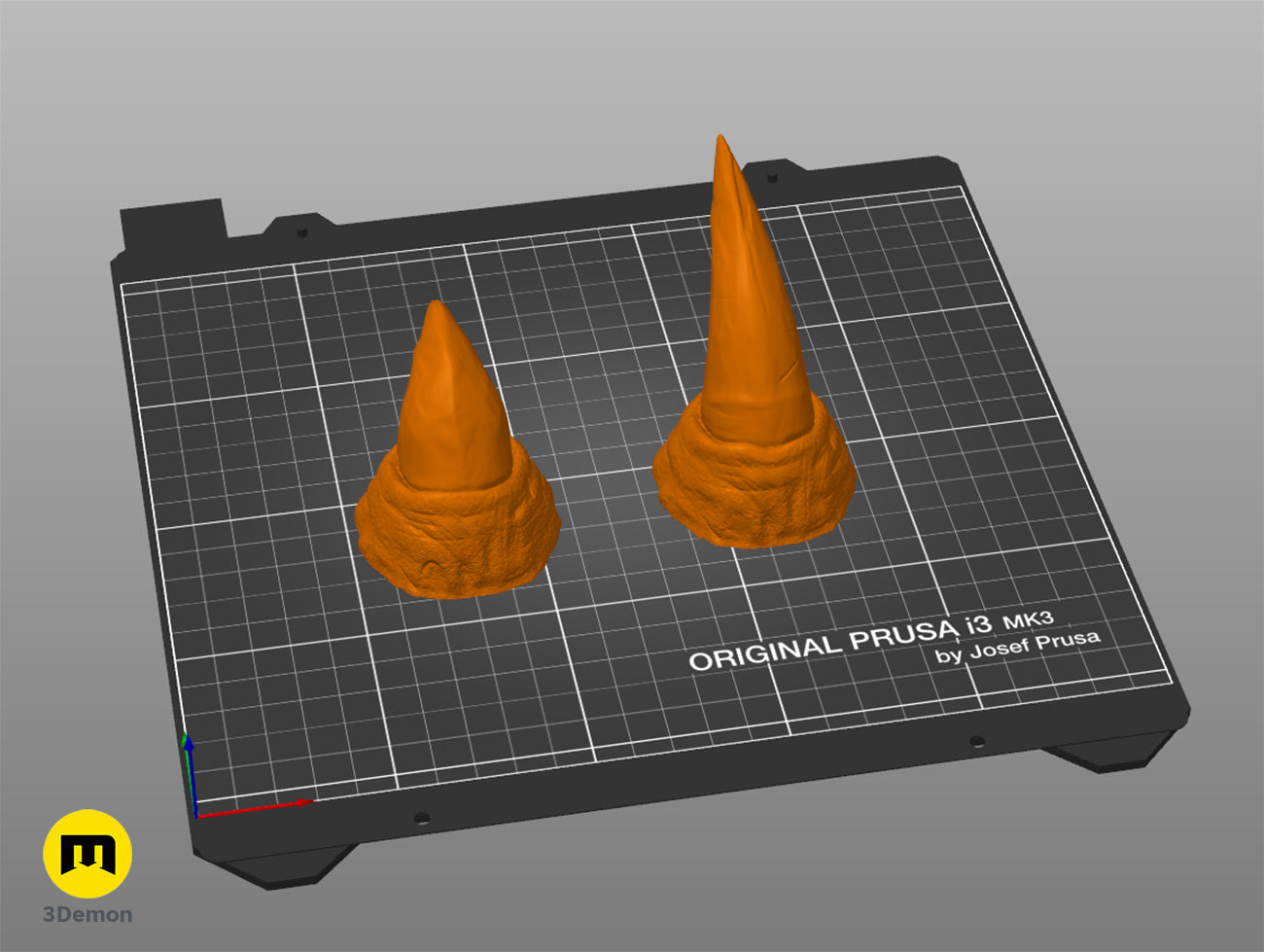Slicer screenshot of Rhino horns STL, two orange 3D printed horns on Original Prusa i3 MK3 bed