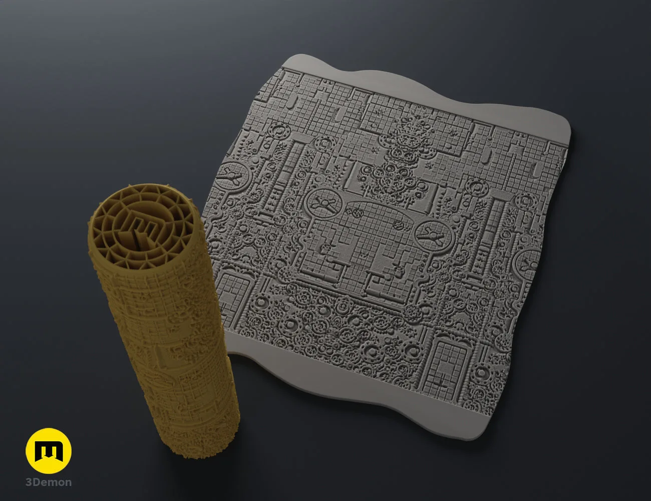 Textured 3D render of DnD Terrain Rollers – Steampunk textures, cylindrical roller with intricate gear patterns.