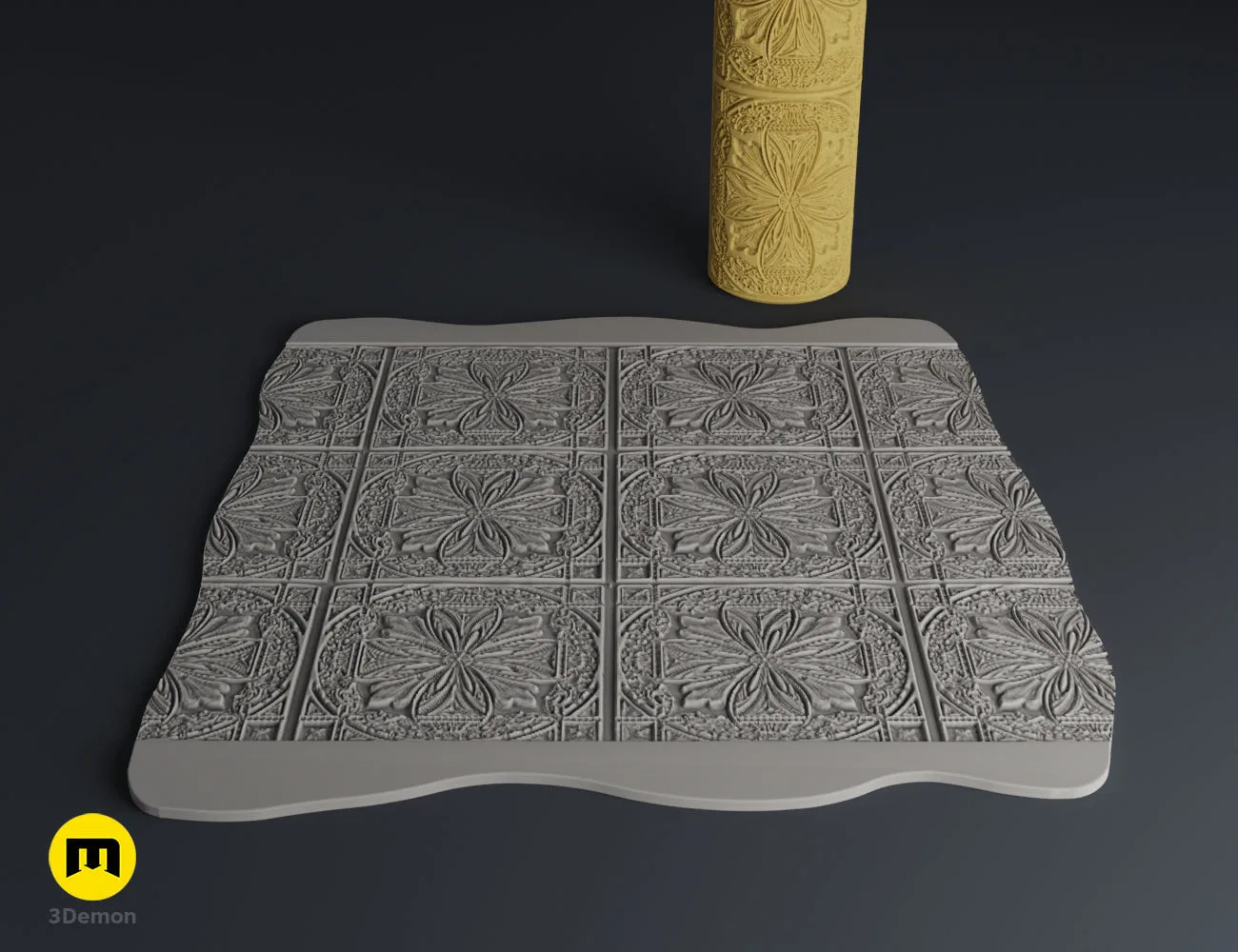 Textured 3D render of DnD Terrain Rollers – Steampunk textures, grey metal-patterned cylindrical roller.