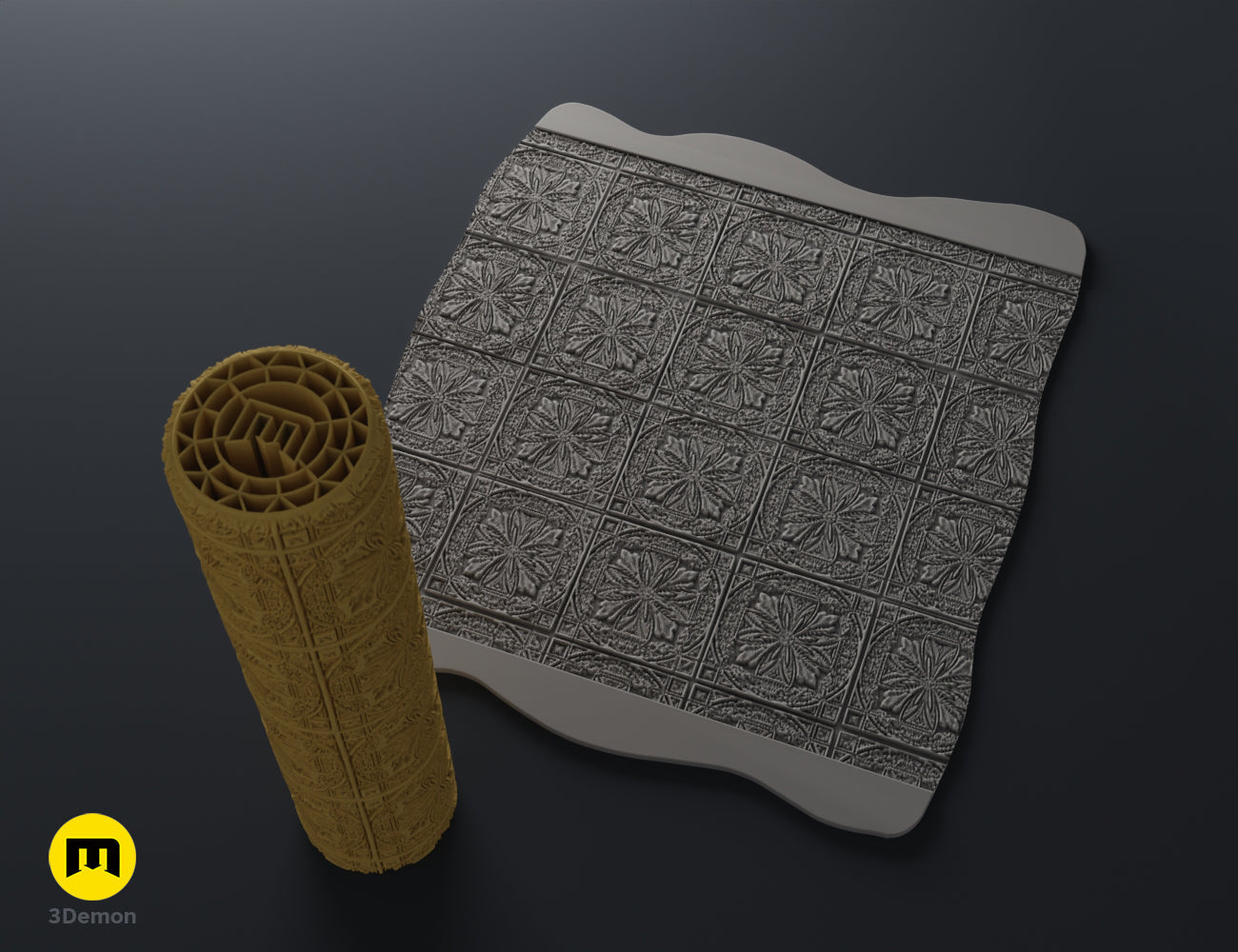 Textured 3D render of DnD Terrain Rollers – Steampunk textures, cylindrical roller with intricate patterns, grey grid...
