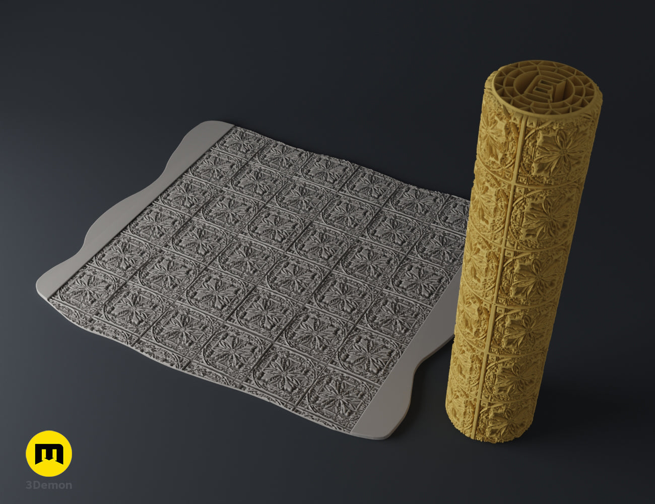 Textured 3D render of DnD Terrain Rollers – Steampunk textures, yellow cylindrical roller with intricate patterns.