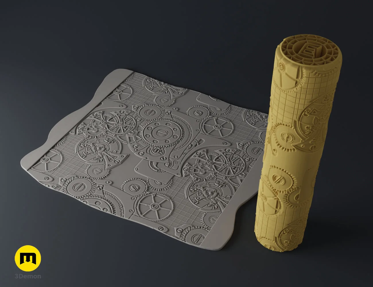 Textured 3D render of DnD Terrain Rollers – Steampunk textures, yellow cylindrical gears, printable 3D model.