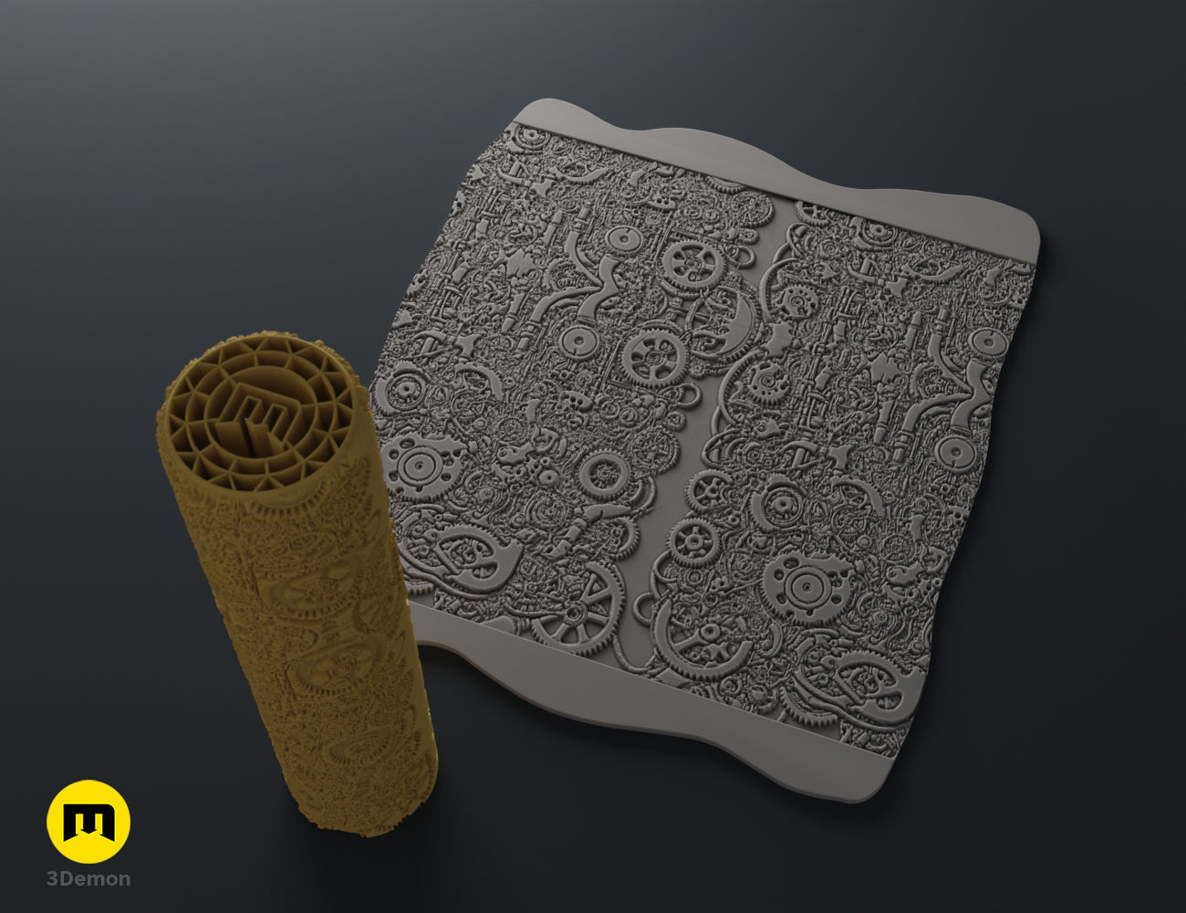 Textured 3D render of DnD Terrain Rollers – Steampunk textures, cylindrical roller with intricate gears, grey texture...
