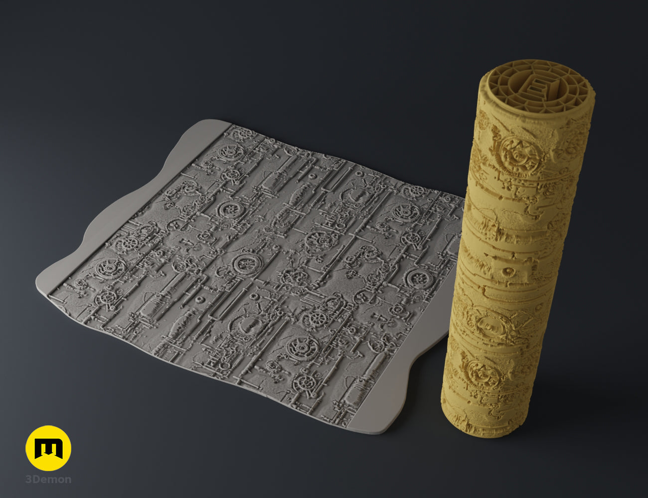 Textured 3D render of DnD Terrain Rollers – Steampunk textures, yellow cylindrical steampunk roller, intricate carved...