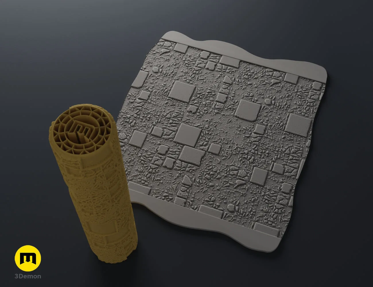 Textured 3D render of DnD Terrain Rollers – Steampunk textures, rusted metal cylinder with gridded pattern.