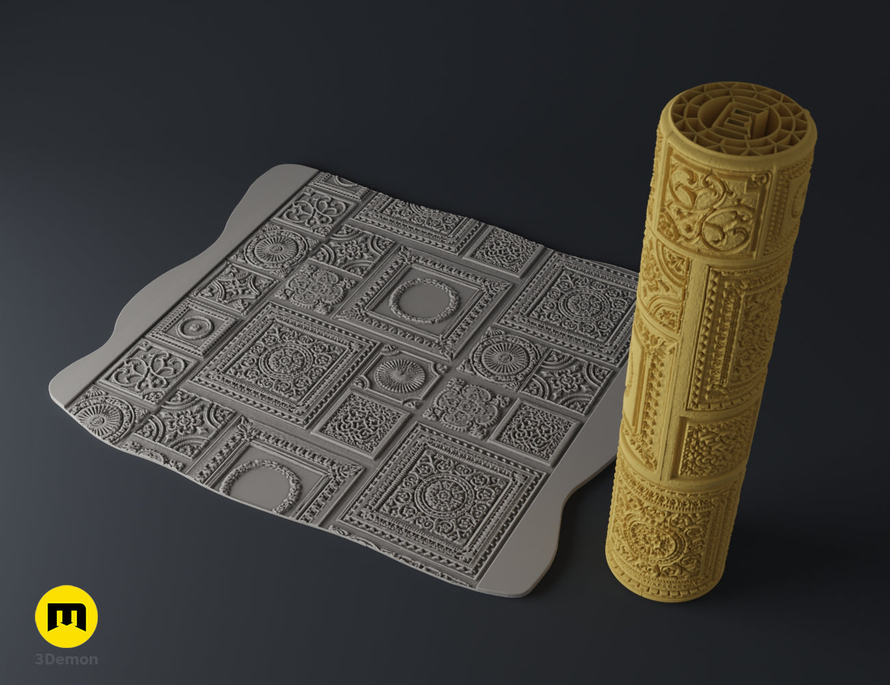 Textured 3D render of DnD Terrain Rollers – Steampunk textures, gold cylindrical roller with intricate patterns.