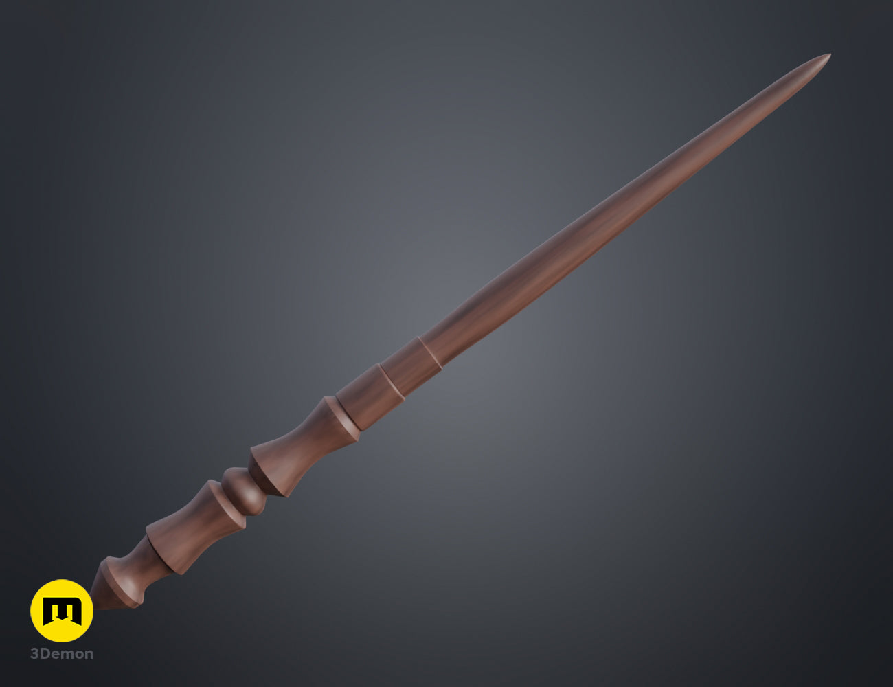 3D render of Angelina Weasley Wand 3D print, brown wooden-style wand with carved details