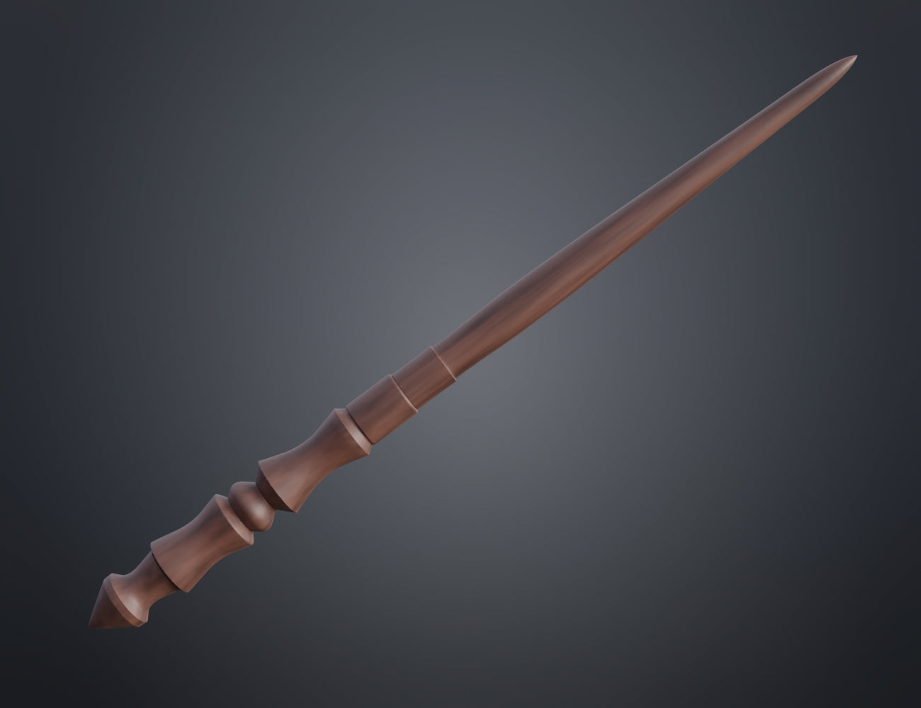 Painted 3D render of Angelina Weasley Wand, 3D printed wooden-style wand with carved details.