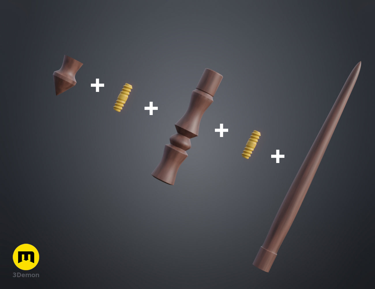 3D render of Angelina Weasley Wand STL, brown wand with three screw parts for 3D print assembly.