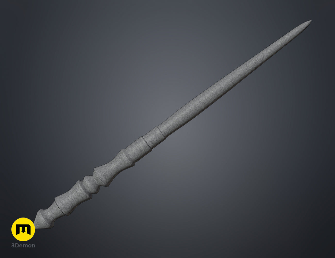 3D render of Angelina Weasley Wand 3D print, sleek grey wand with segmented grip, pointed tip
