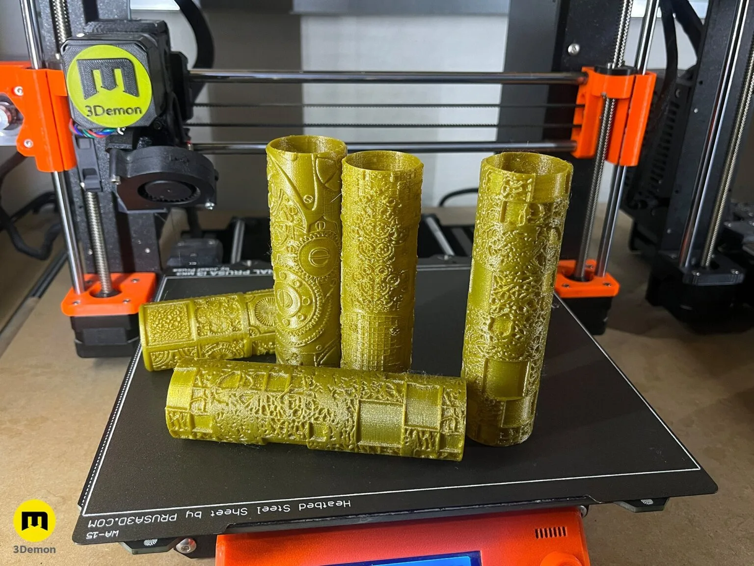 Lifestyle photo of 3D printed DnD Terrain Rollers – Steampunk textures, yellow intricately textured cylinders