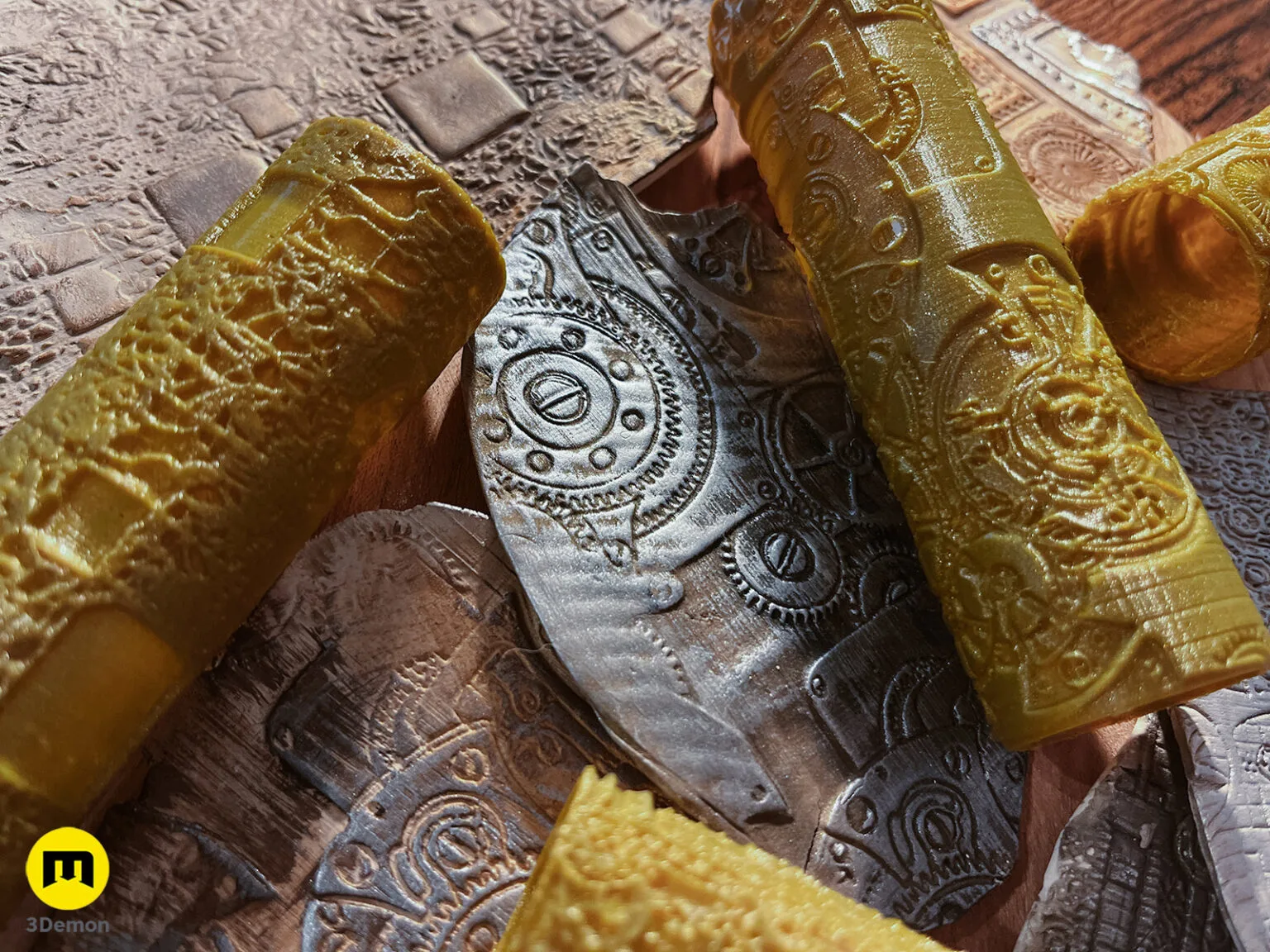 Lifestyle photo of 3D printed DnD Terrain Rollers – Steampunk textures, brass-golden textured blades.