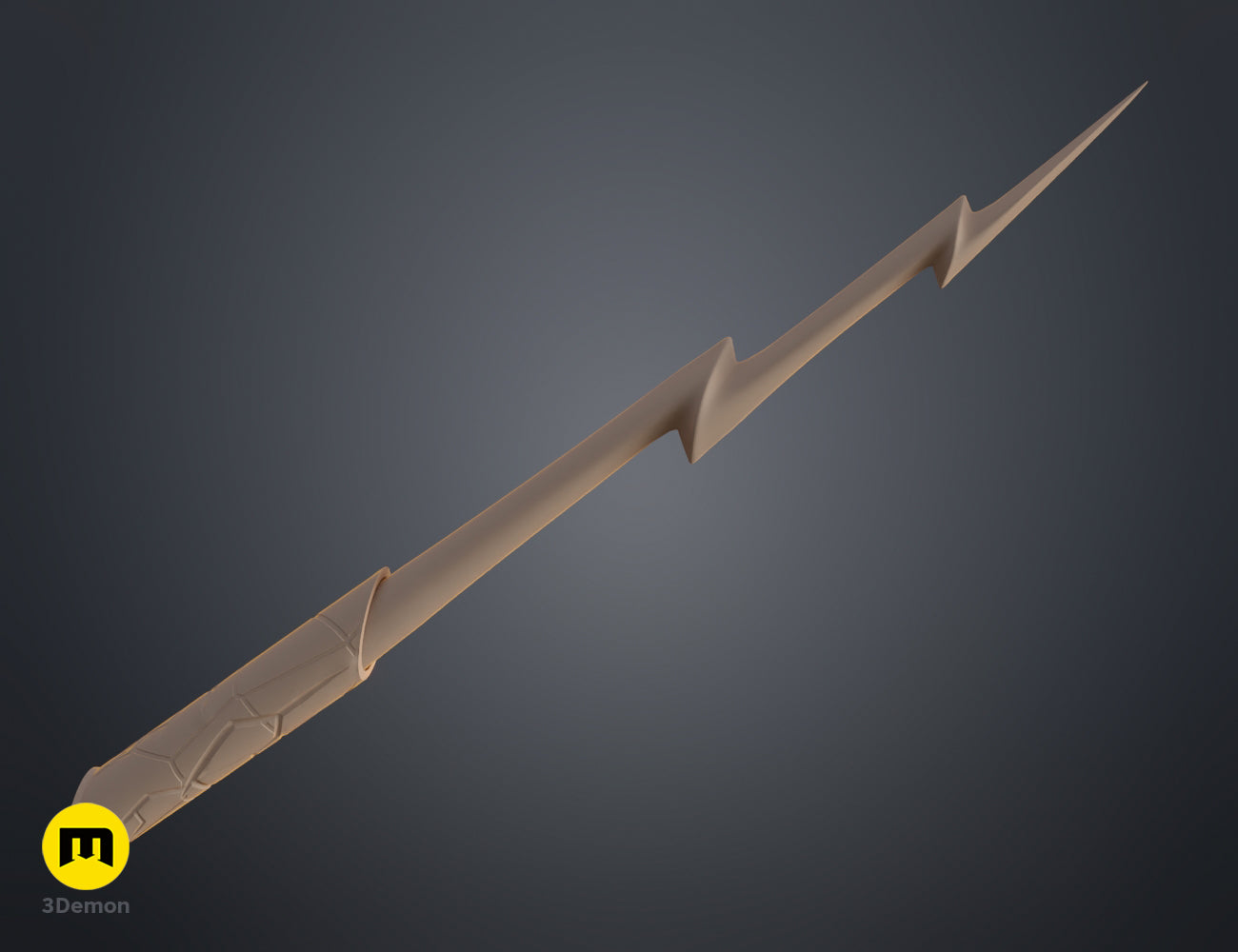 Clay render of the Flash magic wand STL model showing the detailed lightning bolt handle and jagged tip design.