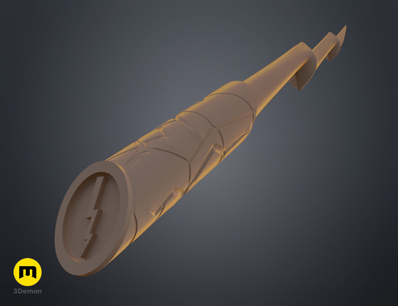 Clay render of the Flash magic wand 3D model handle base with a lightning bolt emblem for cosplay.