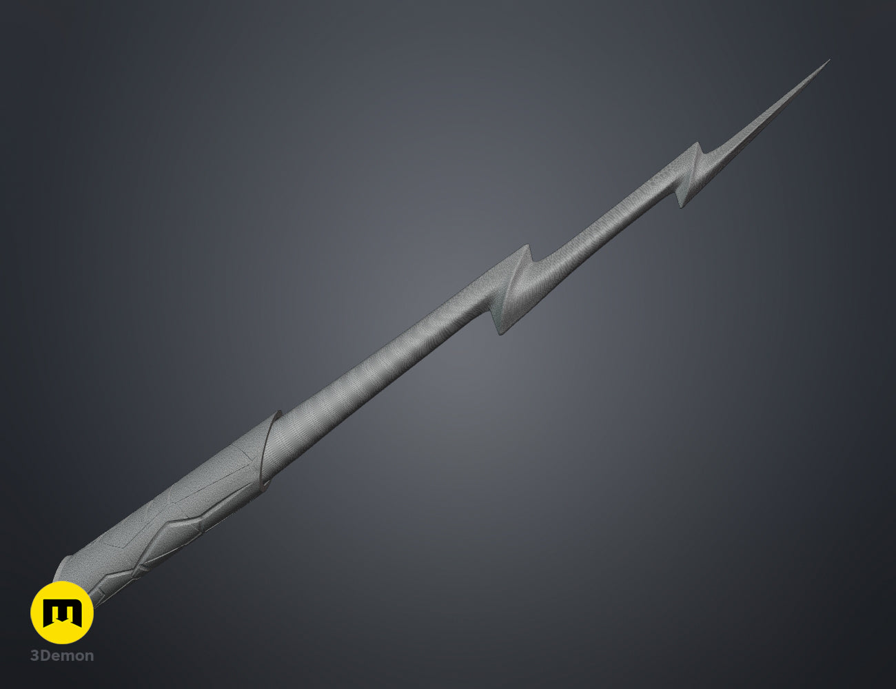 Perspective clay render of the Flash magic wand STL file showing the full lightning-themed 3D model for printing.