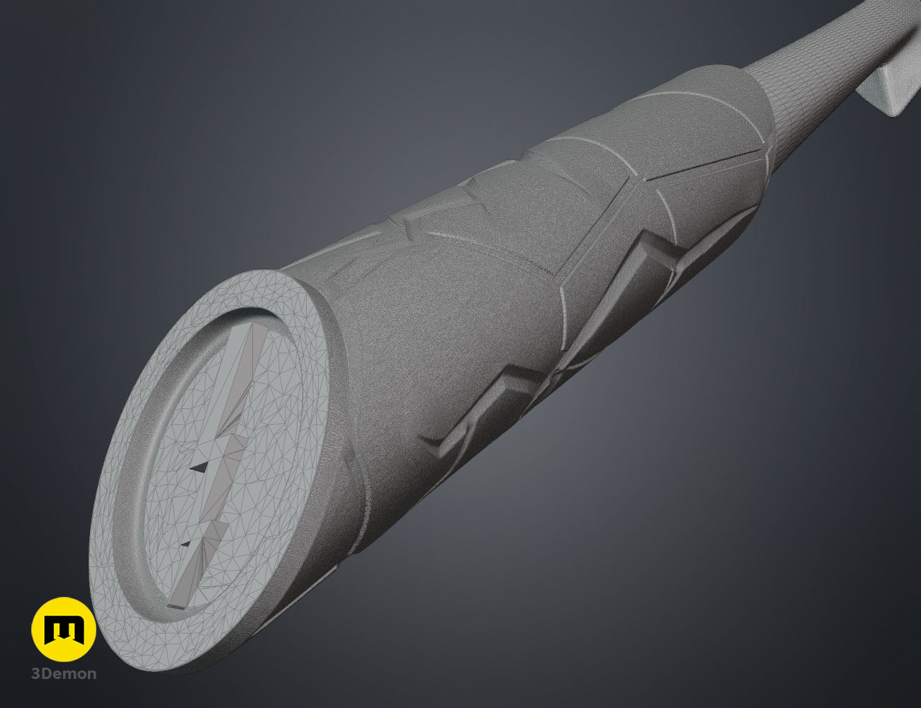 Wireframe 3D mesh render of the Flash magic wand handle STL file showing the digital geometry of the 3D model.