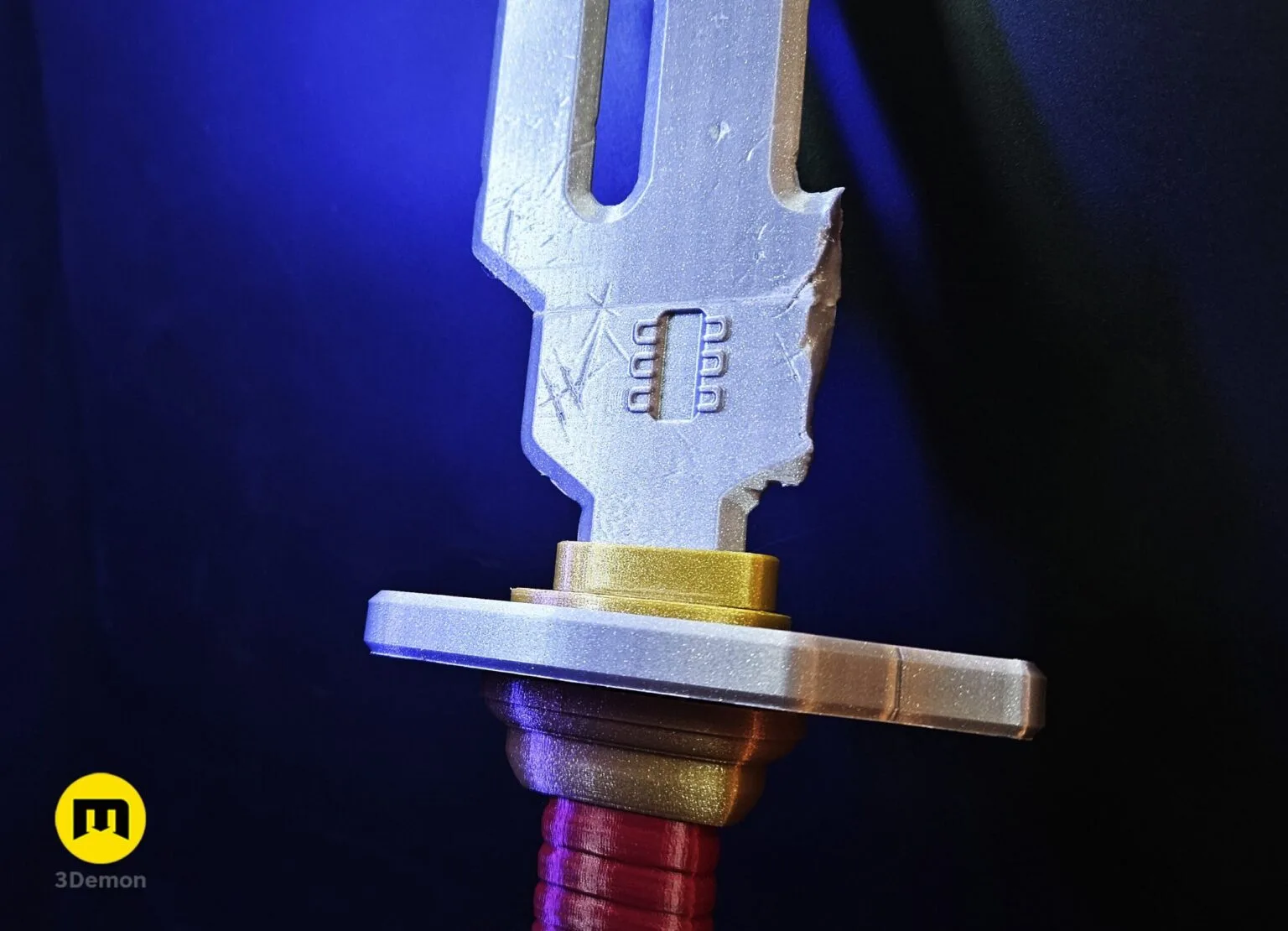 3D model render of Inverted Spear of Heaven STL, silver blade with gold guard, 3D printed cosplay prop.