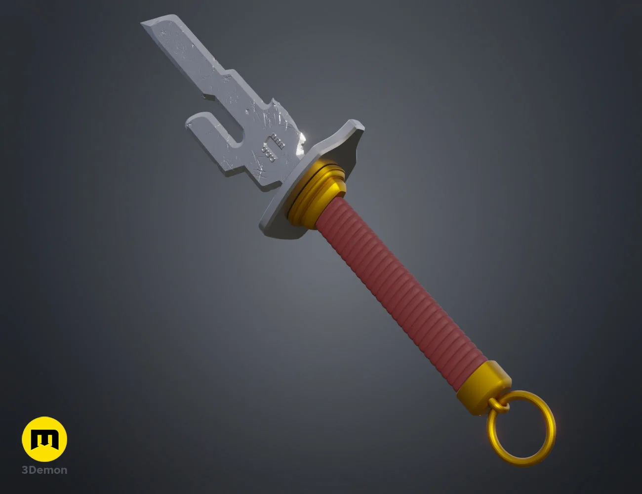 Textured 3D render of Inverted Spear of Heaven - Jujutsu Kaisen, red grip, dual-blade cosplay prop.