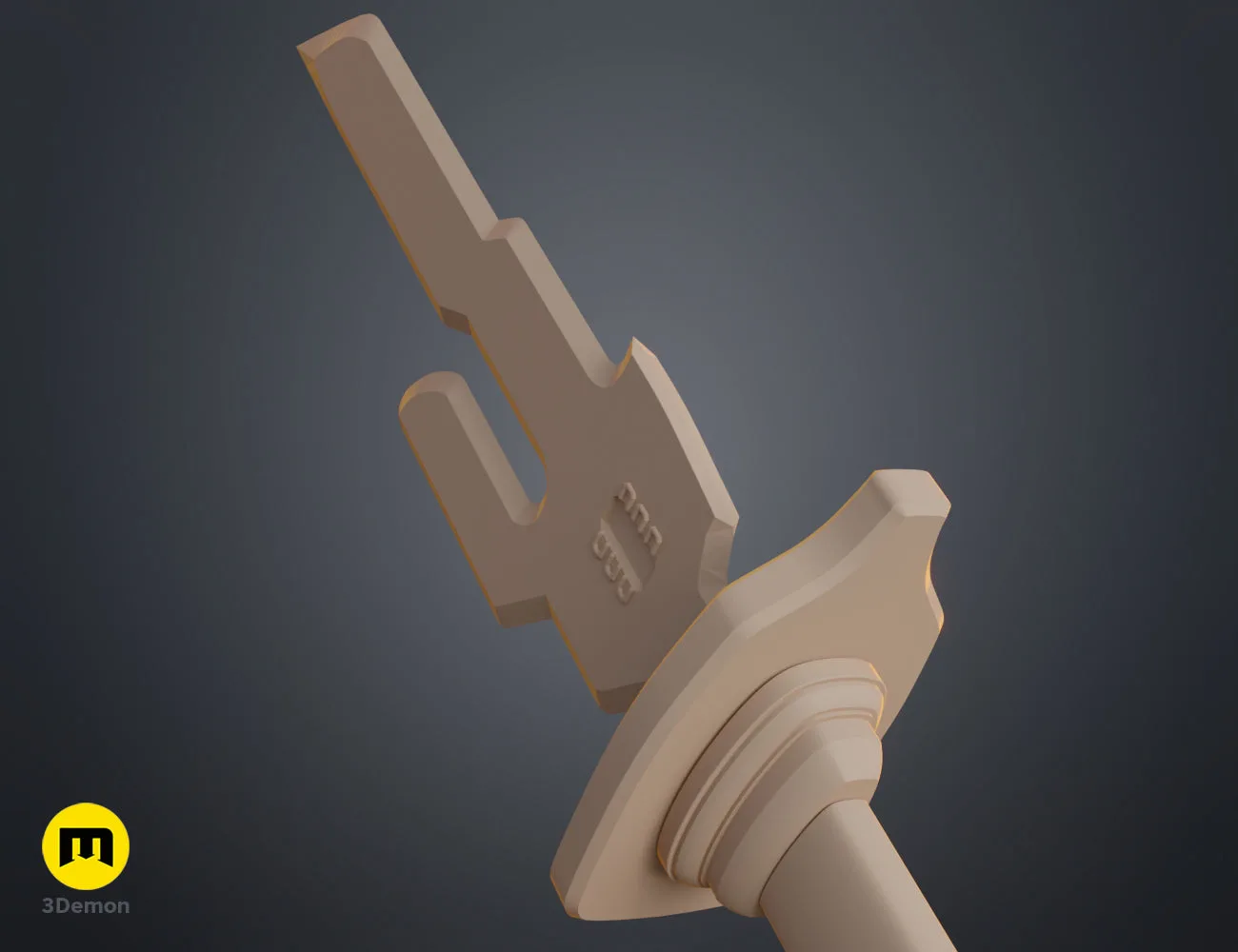 Digital 3D render of Inverted Spear of Heaven - Jujutsu Kaisen STL, 3-pronged tan 3D print.