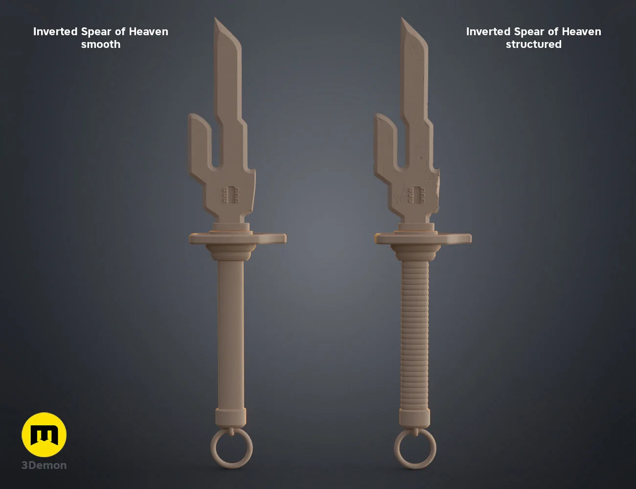 Textured 3D render of Inverted Spear of Heaven Jujutsu Kaisen, dual-pronged brown 3D print.
