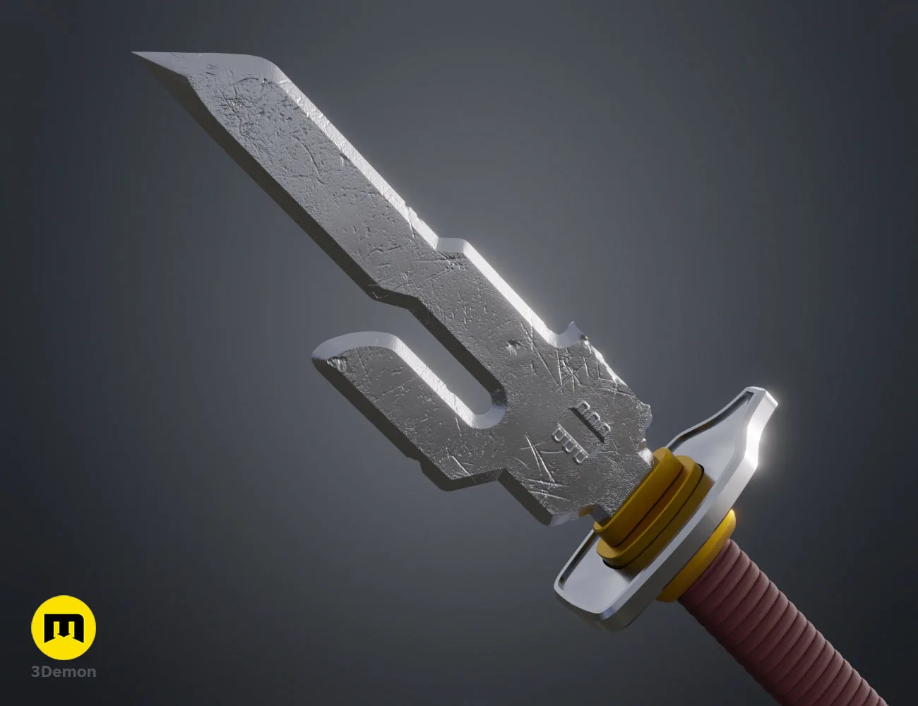 Textured 3D render of Inverted Spear of Heaven - Jujutsu Kaisen STL, dual-bladed, red grip.