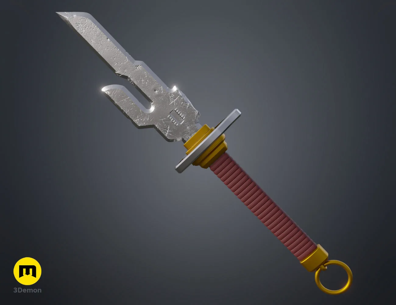 Textured 3D render of Inverted Spear of Heaven Jujutsu Kaisen, red grip, dual-bladed, 3D print cosplay prop.
