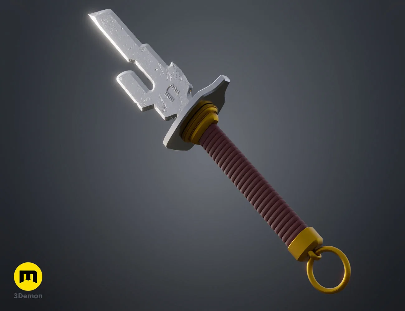 Textured 3D render of Inverted Spear of Heaven - Jujutsu Kaisen, dual-blade, red grip, gold ring.