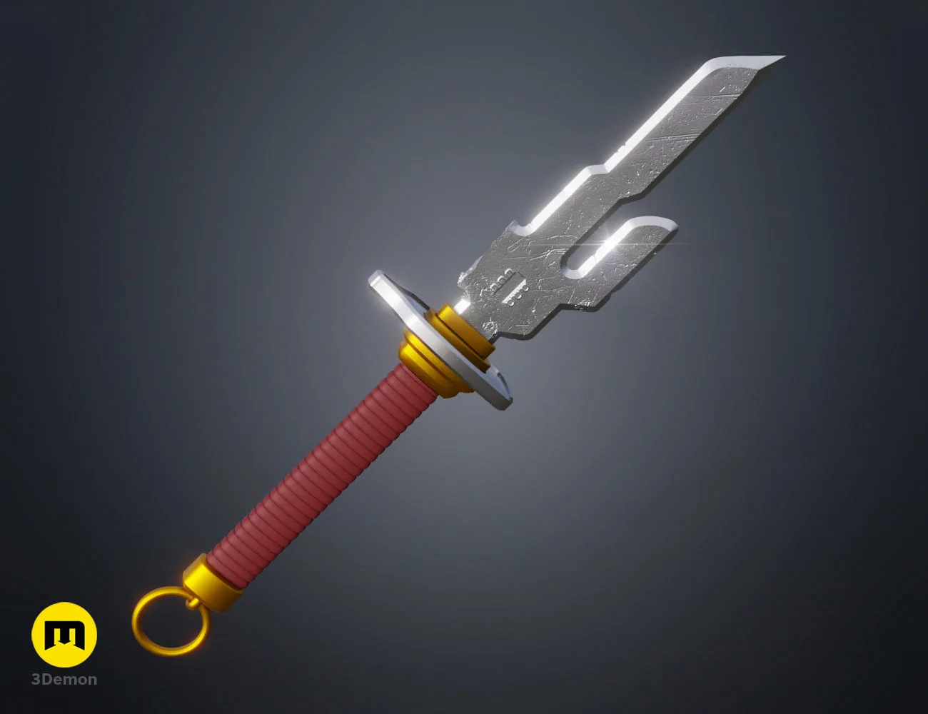 Textured 3D render of Inverted Spear of Heaven - Jujutsu Kaisen, red grip, dual-pronged blade, cosplay prop.