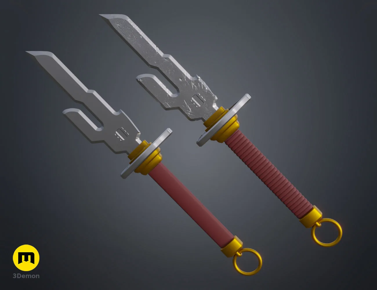 Printable 3D model of Inverted Spear of Heaven - Jujutsu Kaisen, dual-blade, red grip, yellow accents.