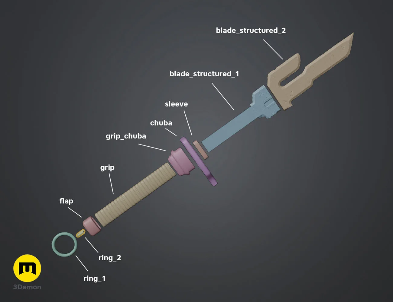 Exploded view of Inverted Spear of Heaven STL, 2-part blade, purple grip, 3D print.