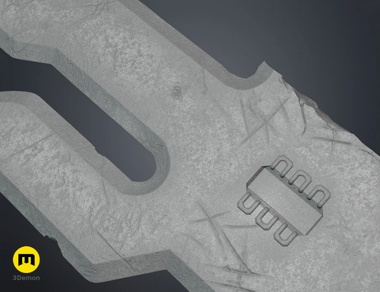 Wireframe mesh render of Inverted Spear of Heaven STL, grey grainy 3-pronged jujutsu tool.