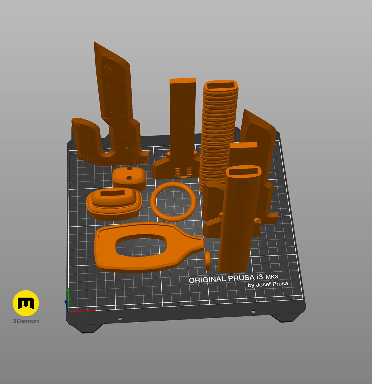 Slicer screenshot of Inverted Spear of Heaven STL, orange 3D print parts on Prusa bed.