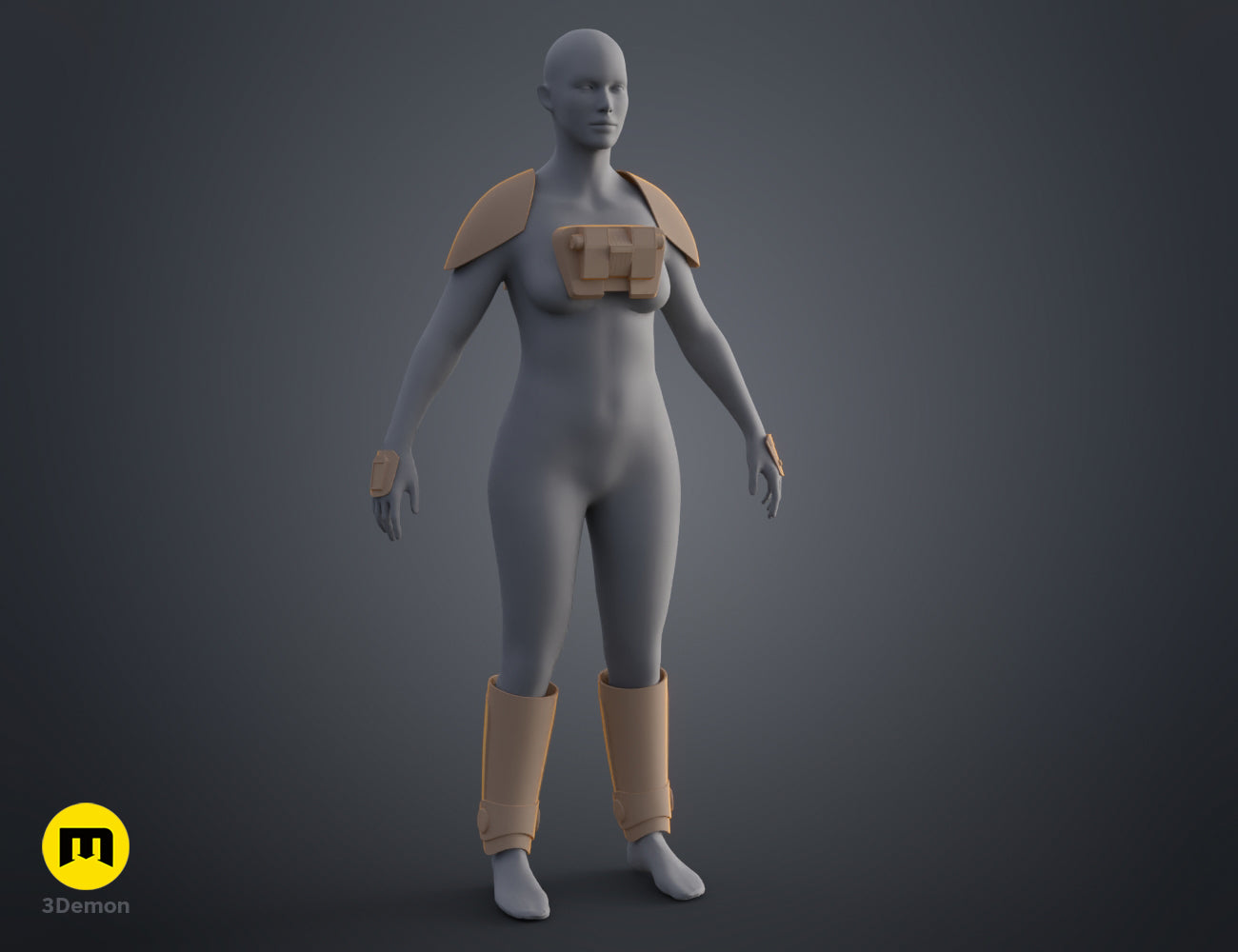 3D model render of Ketsu Onyo Armor STL, beige shoulder guards, chest plate, and knee-high boots.
