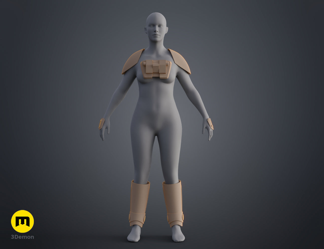 3D model render of Ketsu Onyo Armor STL, beige shoulder guards, chest plate, and knee-high boots.
