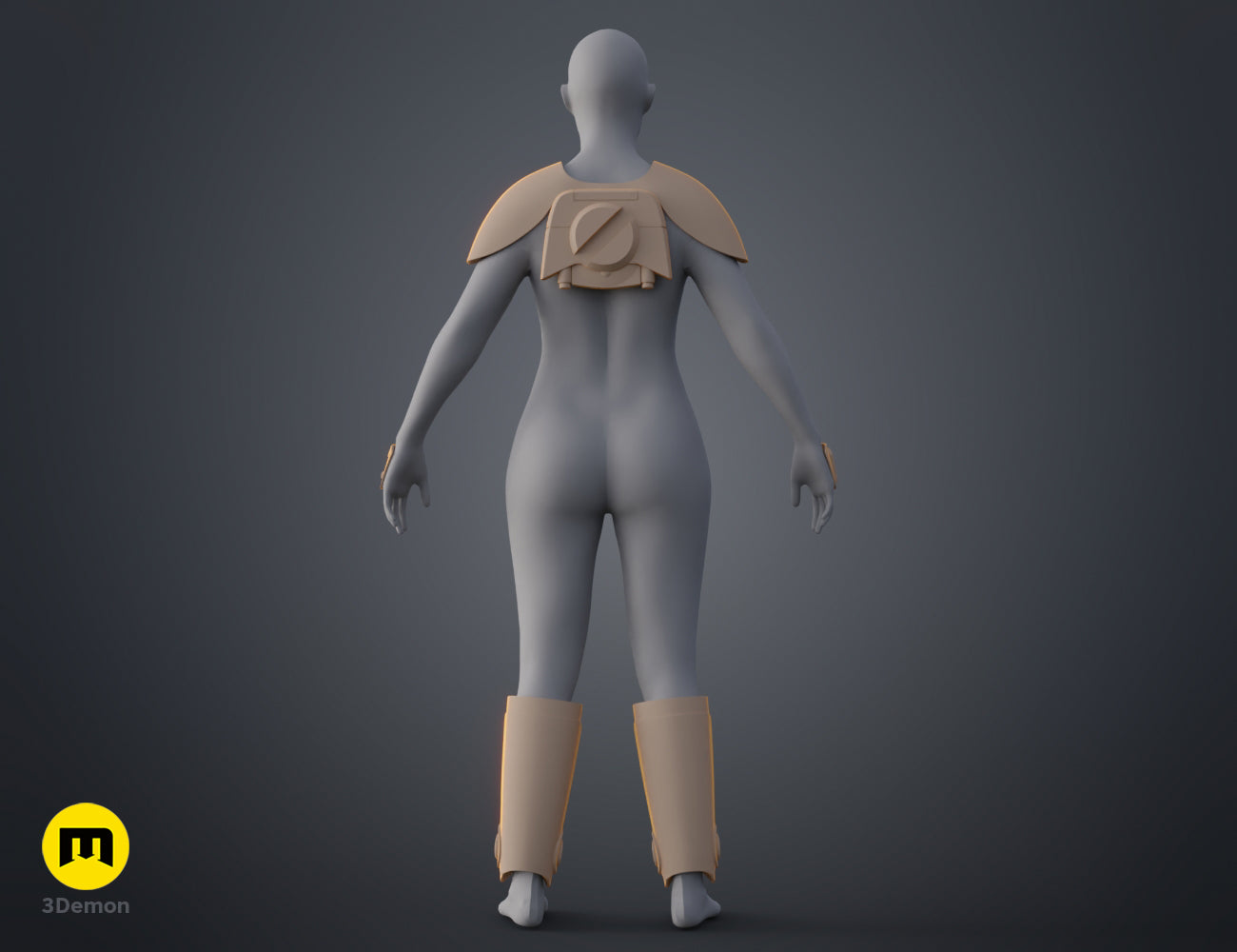 3D model render of Ketsu Onyo Armor STL, beige shoulder guards and leg greaves for cosplay 3D print.