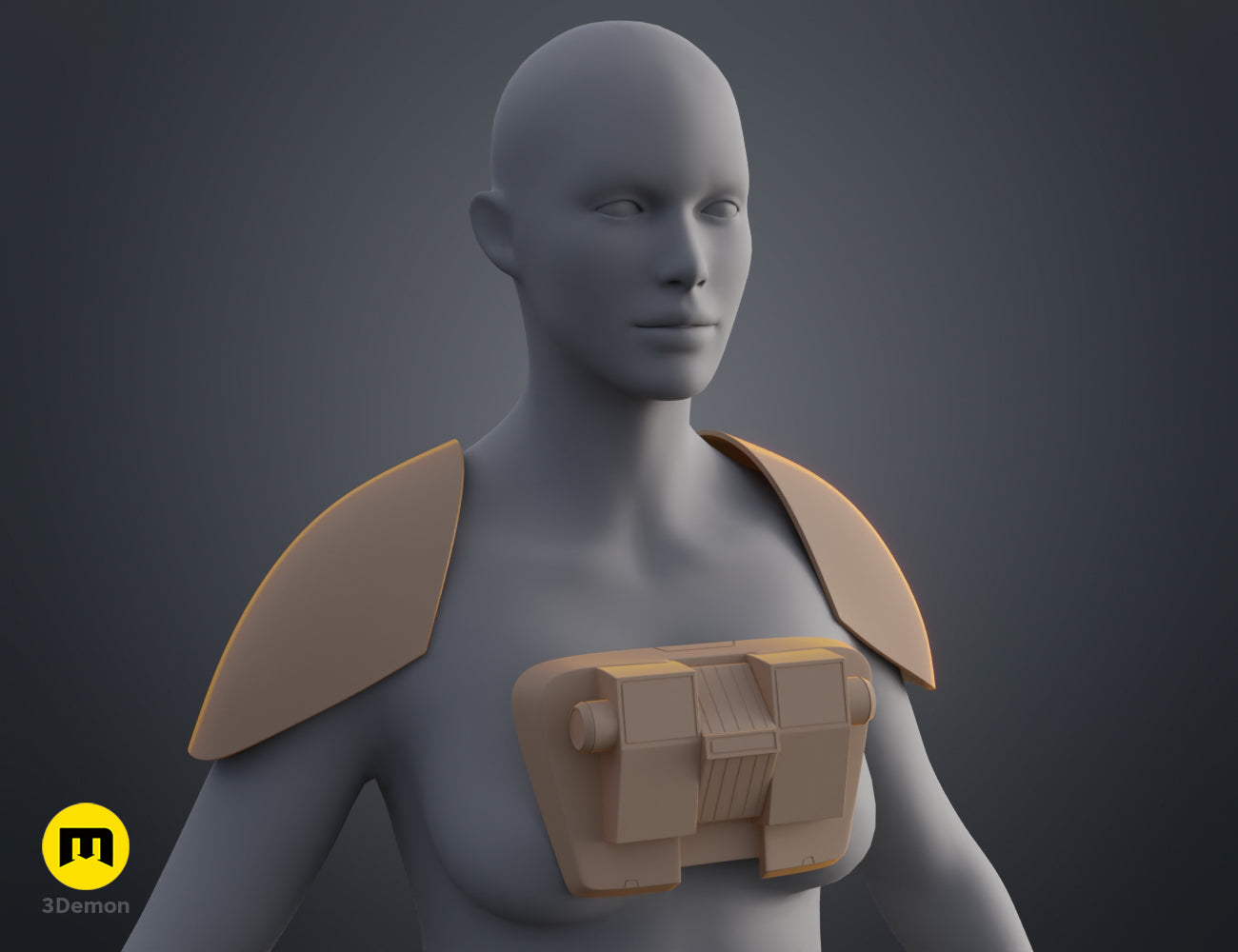 3D model render of Ketsu Onyo Armor STL, brown shoulder pauldron with mechanical chest plate.