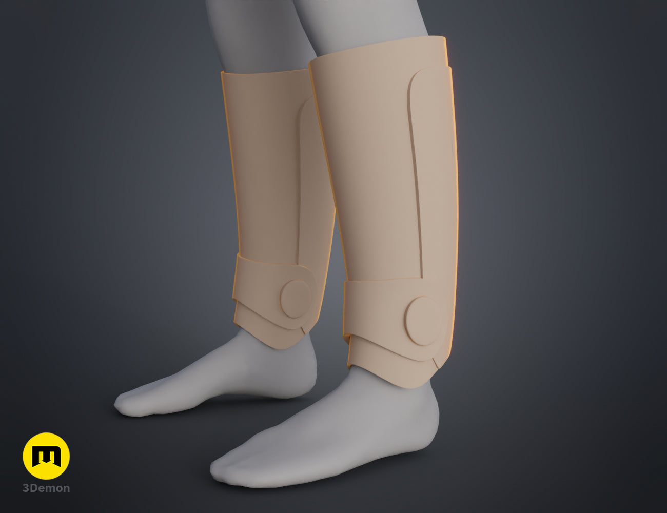 3D model render of Ketsu Onyo Armor, beige knee-length leg guards with dual straps and circular fasteners, 3D print.